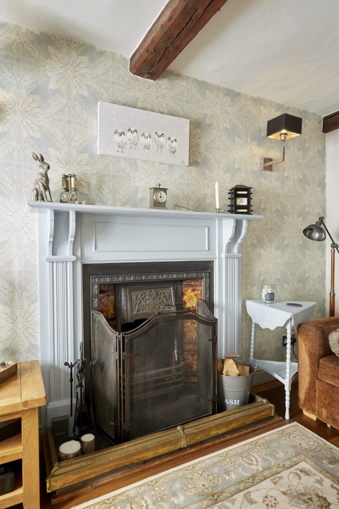 The living room fireplace